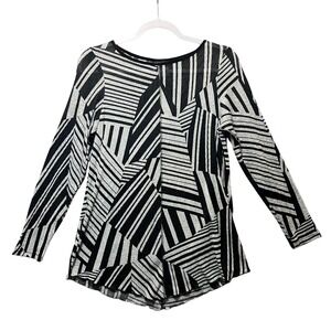 Vintage‎ Y2K Lasania Black Silver Geometric Crinkle Knit Long Sleeve Top Sz 12